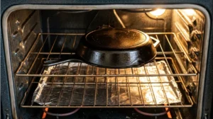 A freshly oiled cast iron skillet placed upside down in a hot oven to bake and polymerize the protective seasoning layer.