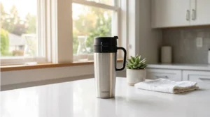 A secure stainless steel travel thermos with a locked lid used to prevent accidental spills and avoid coffee stains.