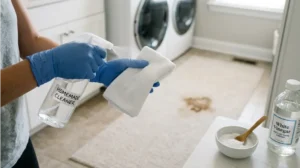 Applying homemade carpet cleaning solution to a cloth for stain removal.