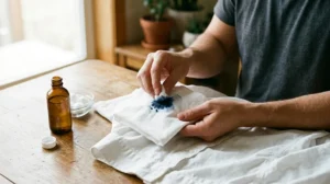 Blotting a ball pen ink stain with a cotton ball and rubbing alcohol to remove ball pen stains from clothes.