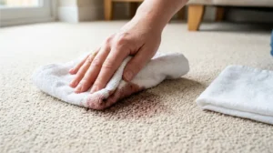 Blotting a carpet stain with a clean white cloth instead of rubbing.