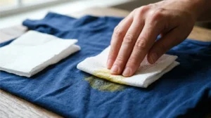Blotting excess oil from a clothing stain with a clean white paper towel.