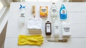 Carpet stain removal supplies including baking soda, vinegar, and clean cloths.