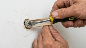 Clamping heavy locking pliers onto an exposed stripped screw head to twist it counterclockwise and remove it.