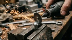 Cutting a new straight slot into a rounded stripped screw head using a rotary tool and metal cutting disc.