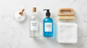 Essential household cleaning supplies including white vinegar, baking soda, and dish soap for coffee stain removal.