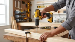 Holding a cordless drill perfectly straight to prevent cam out and avoid stripping screws during installation.