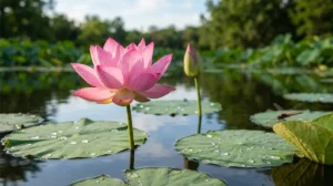 Pink lotus flower in full bloom on a pond with water droplets on petals and a dragonfly resting on a leaf
