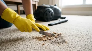Preparing carpet stain by removing solid debris before cleaning.