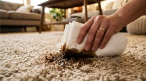 Pressing clean paper towels into a beige living room rug to absorb liquid and clean spilled coffee from carpet fibers.