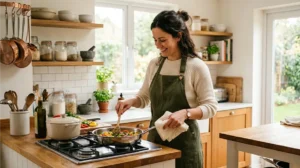 Preventing oil stains on clothes by wearing an apron while cooking.