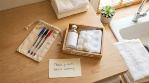 Prevention kit for ball pen stains on clothes with capped pens and a small stain removal kit for laundry day.