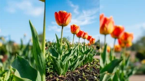 Red and yellow tulip flowers growing in a spring garden bed with green leaves and blue sky behind them