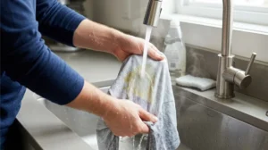 Rinsing a treated oil stain with warm water to remove soap and grease.