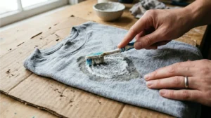 Scrubbing a set-in oil stain with baking soda paste and a toothbrush.