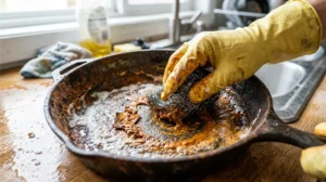 Scrubbing severe, thick rust off a bare cast iron pan using a steel wool pad and a heavy baking soda paste.