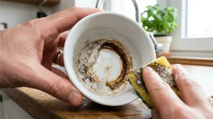 Scrubbing the inside of a ceramic mug with a thick baking soda paste to naturally remove dried coffee stains and brown rings.