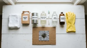 Tools and materials for removing oil stains from clothes including baking soda and dish soap.