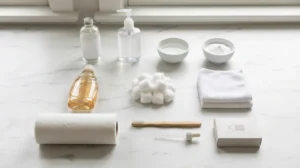 Tools and supplies for how to remove ball pen stains from clothes including rubbing alcohol, hand sanitizer, vinegar, and baking soda.