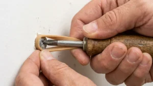 Using a thick rubber band and a manual screwdriver to grip and easily remove a stripped screw from a wall.