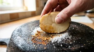 Using the flat side of a raw potato to scrub coarse salt into a rusty cast iron skillet to safely remove mild surface rust.