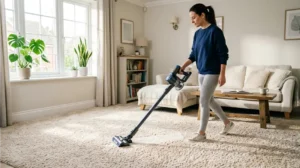Vacuuming dry carpet after stain removal to restore carpet pile.