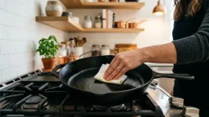 Wiping a thin layer of high smoke point oil onto a clean, warm cast iron skillet to prevent flash rusting and build seasoning.