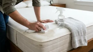 blotting a mattress stain with a microfibre cloth