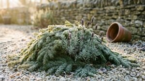 growing lavender winter protection with evergreen boughs over the plant base