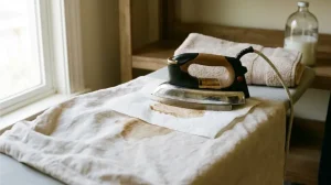 ironing out candle wax stain with paper towel