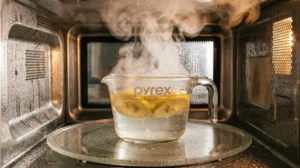Boiling a glass bowl of water and lemon slices to naturally steam clean a microwave and soften stuck-on food.