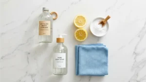 Essential natural cleaning supplies including white vinegar, baking soda, fresh lemons, and microfiber cloths used to clean a microwave.
