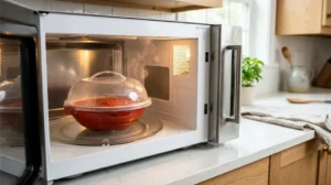 Using a vented plastic microwave splatter cover over a bowl of hot soup to prevent messy splatters and keep your microwave clean.